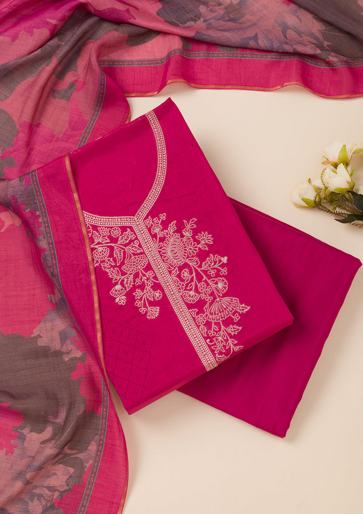 Rani Pink Zariwork Art Silk Unstitched Salwar Suit