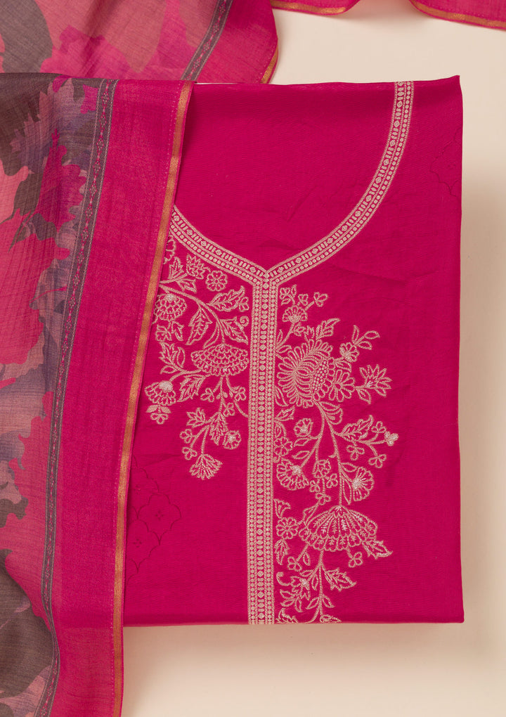 Rani Pink Zariwork Art Silk Unstitched Salwar Suit