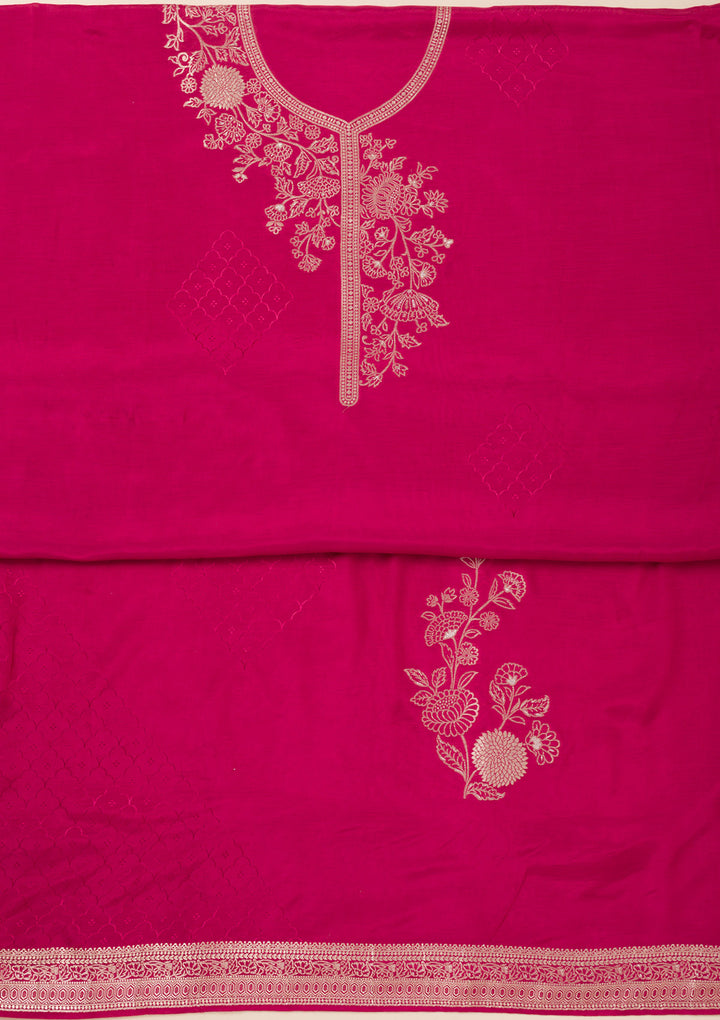 Rani Pink Zariwork Art Silk Unstitched Salwar Suit