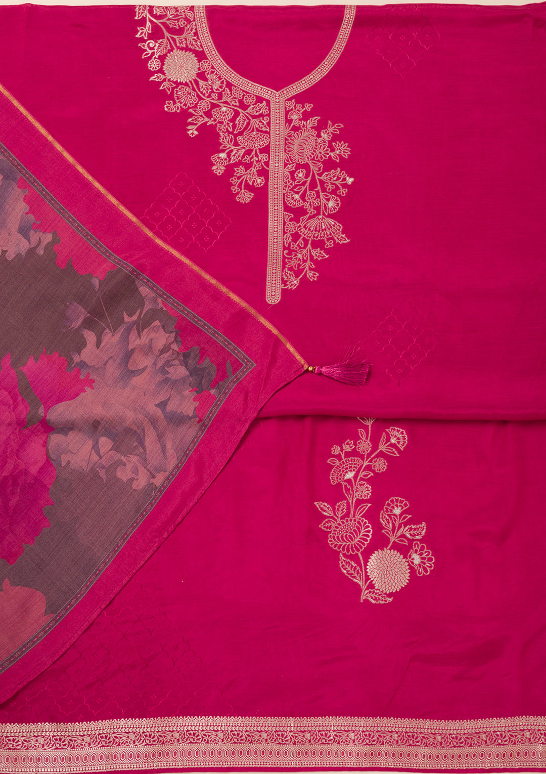 Rani Pink Zariwork Art Silk Unstitched Salwar Suit