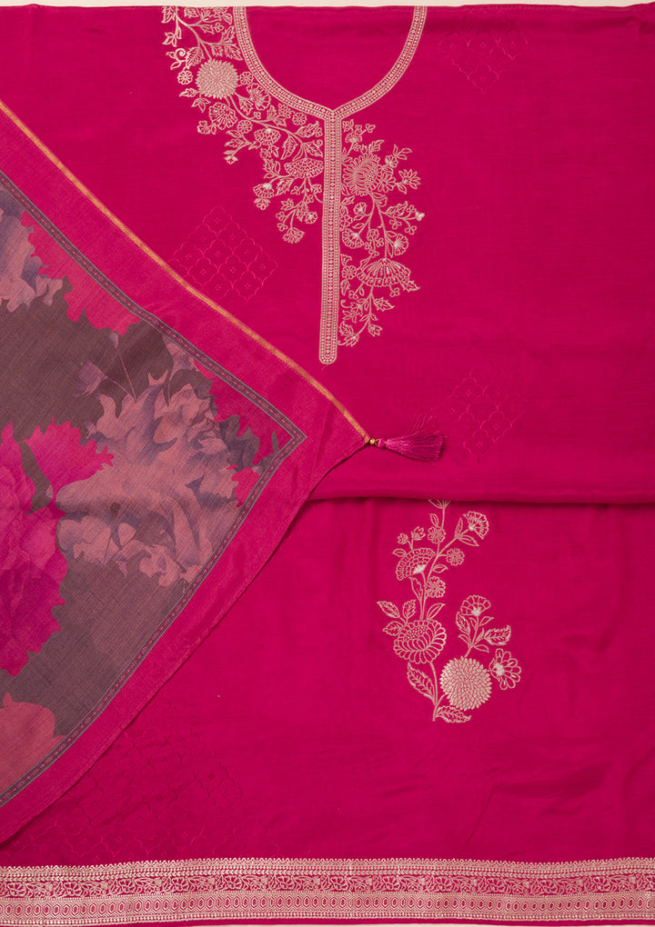 Rani Pink Zariwork Art Silk Unstitched Salwar Suit