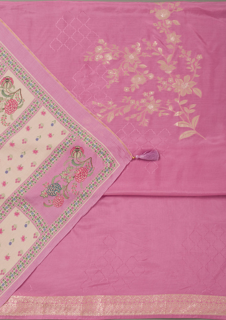 Lavender Zariwork Art Silk Unstitched Salwar Suit