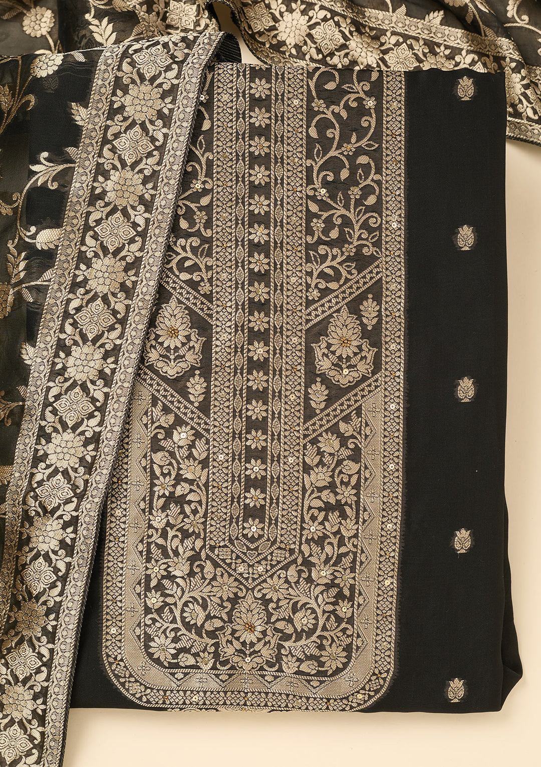 Black Zariwork Dola Silk Unstitched Salwar Suit