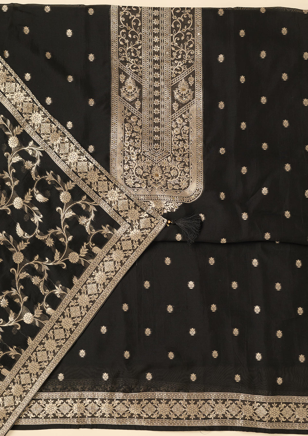 Black Zariwork Dola Silk Unstitched Salwar Suit