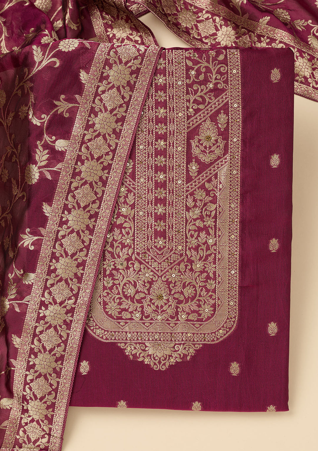 Wine Zariwork Dola Silk Unstitched Salwar Suit