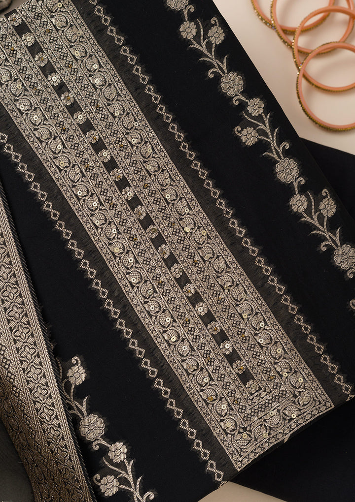 Black Zariwork Opada Silk Unstitched Salwar Suit