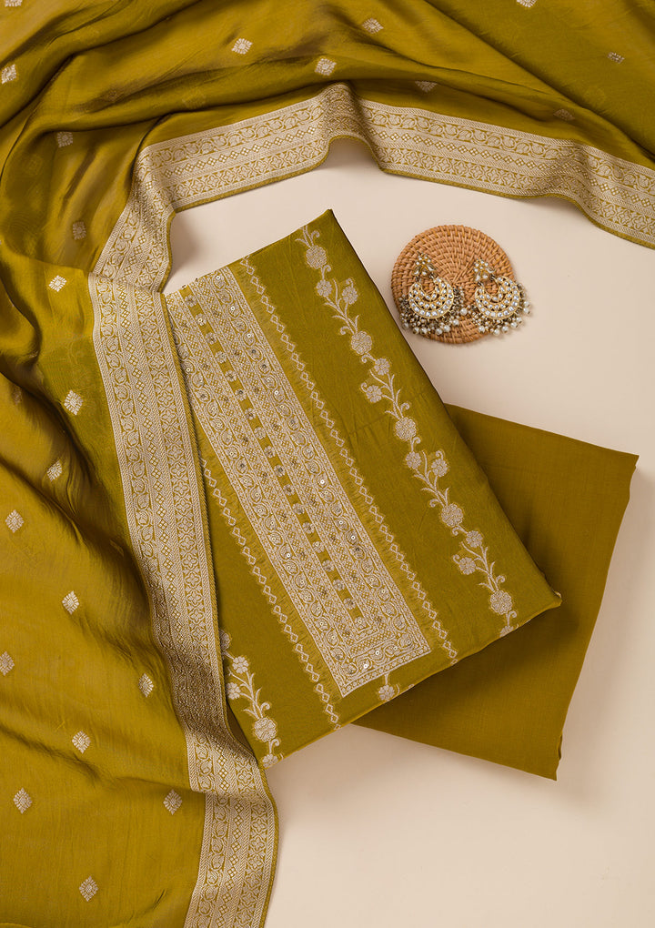 Green Zariwork Opada Silk Unstitched Salwar Suit