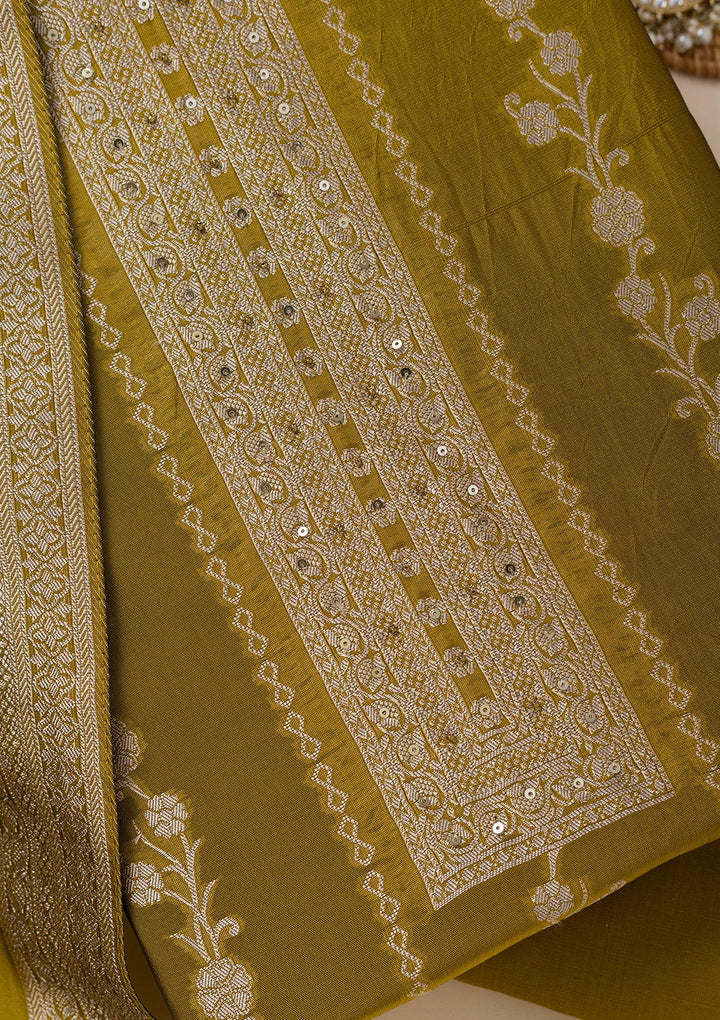 Green Zariwork Opada Silk Unstitched Salwar Suit