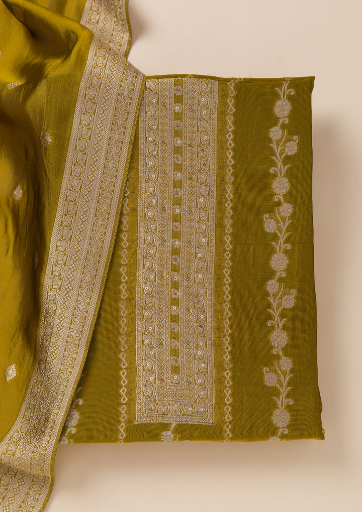 Green Zariwork Opada Silk Unstitched Salwar Suit