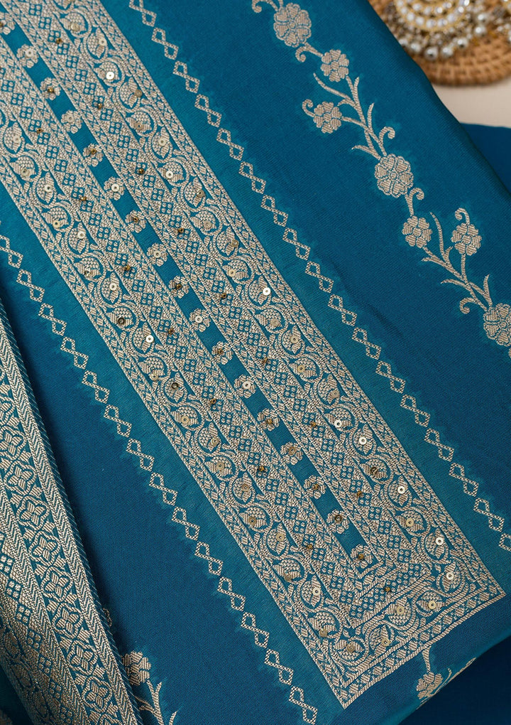 Peacock Blue Zariwork Opada Silk Unstitched Salwar Suit