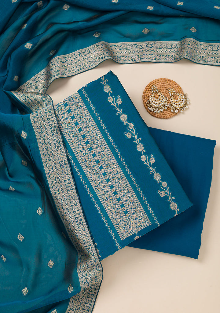Peacock Blue Zariwork Opada Silk Unstitched Salwar Suit