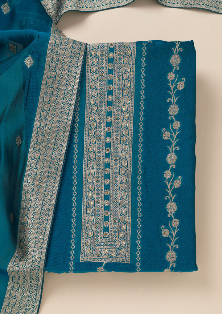 Peacock Blue Zariwork Opada Silk Unstitched Salwar Suit