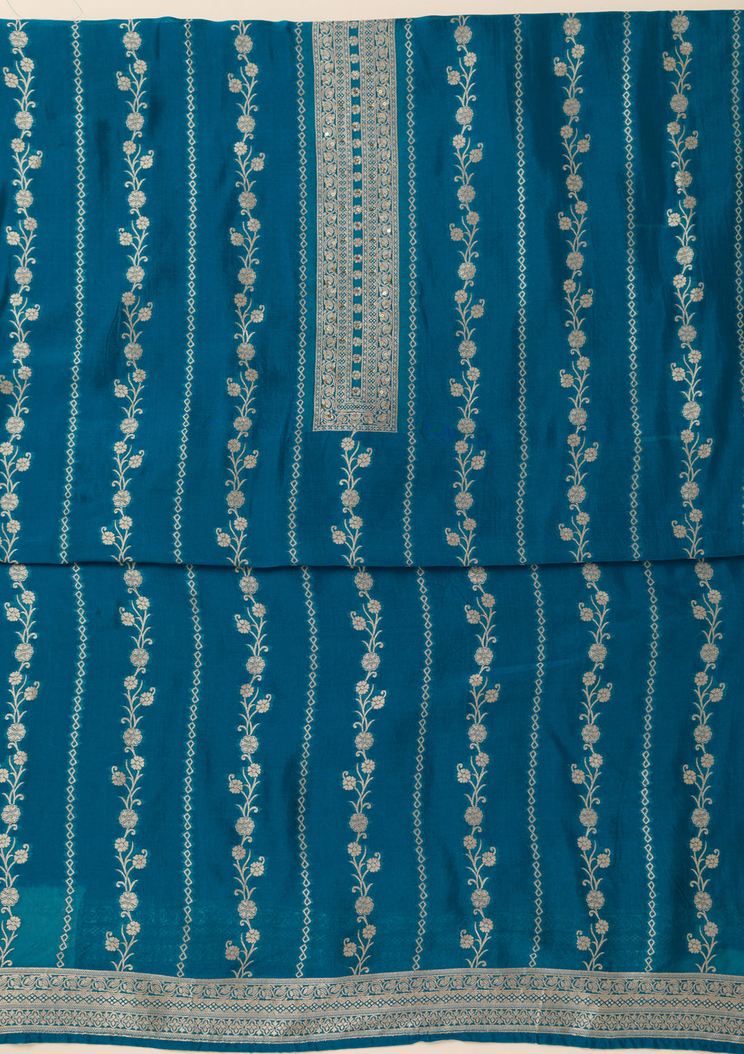 Peacock Blue Zariwork Opada Silk Unstitched Salwar Suit