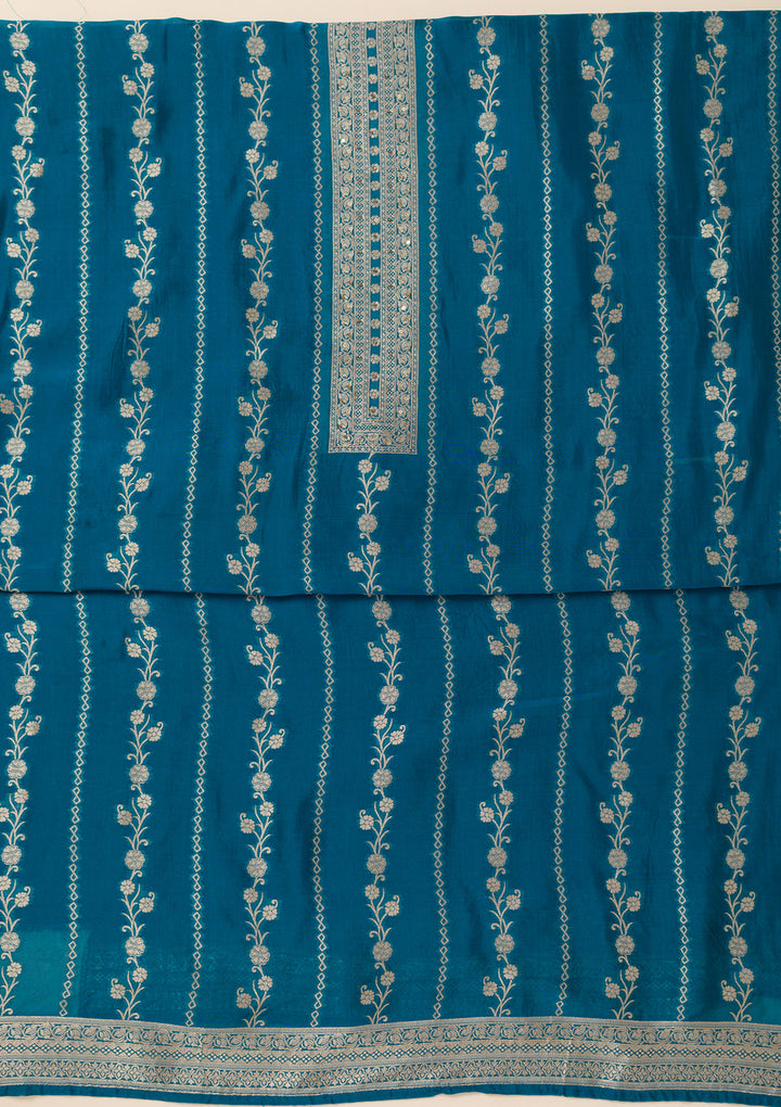 Peacock Blue Zariwork Opada Silk Unstitched Salwar Suit