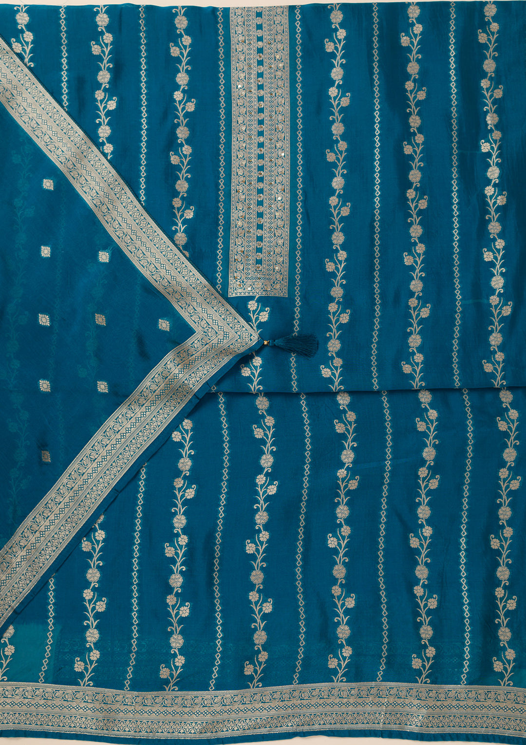 Peacock Blue Zariwork Opada Silk Unstitched Salwar Suit