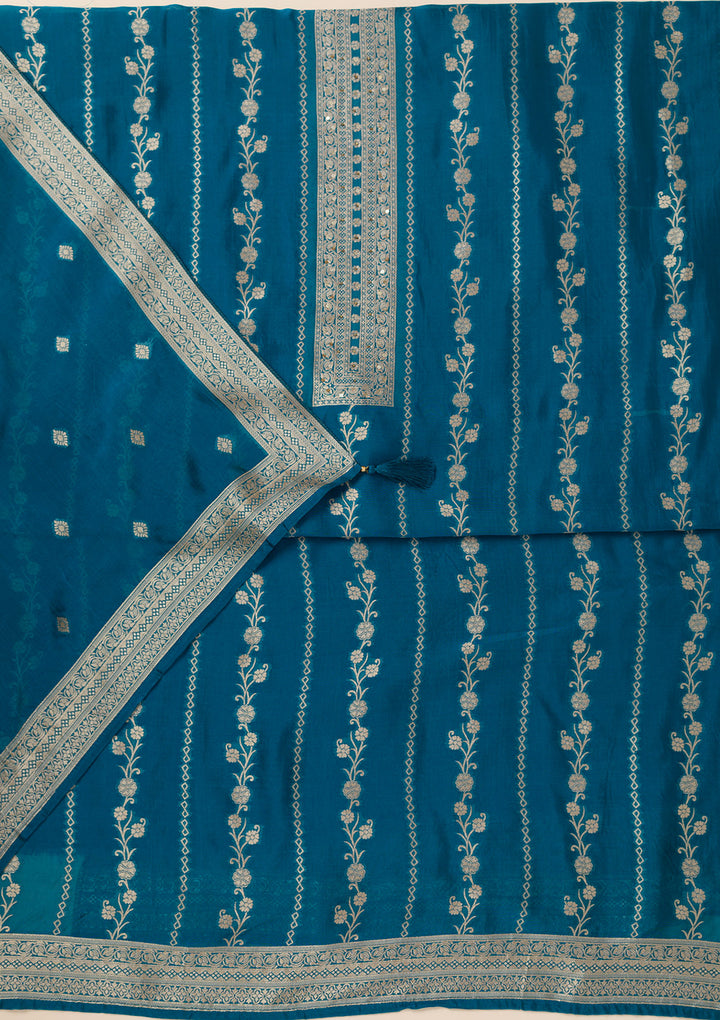 Peacock Blue Zariwork Opada Silk Unstitched Salwar Suit