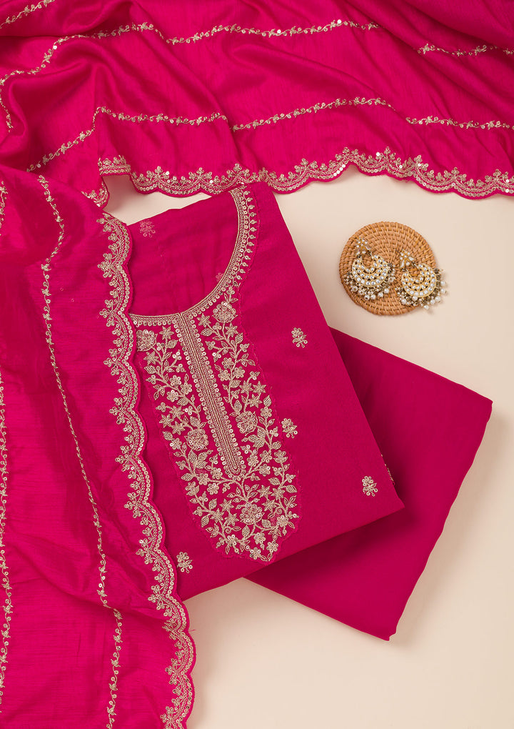 Rani Pink Cording Soft Raw Silk Unstitched Salwar Suit