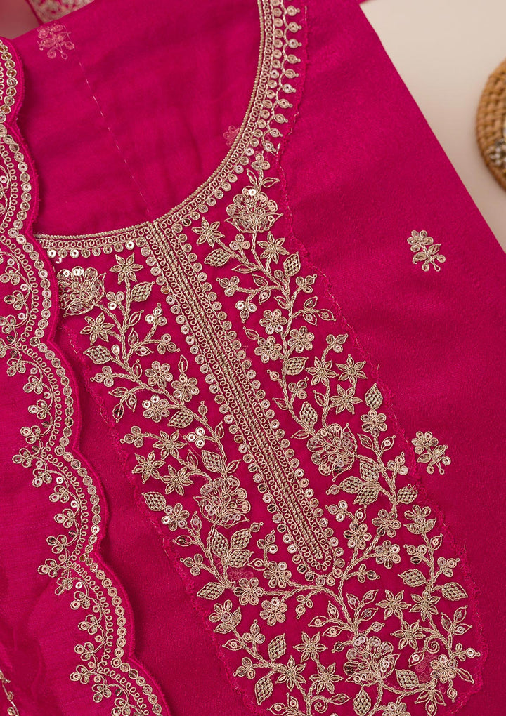 Rani Pink Cording Soft Raw Silk Unstitched Salwar Suit