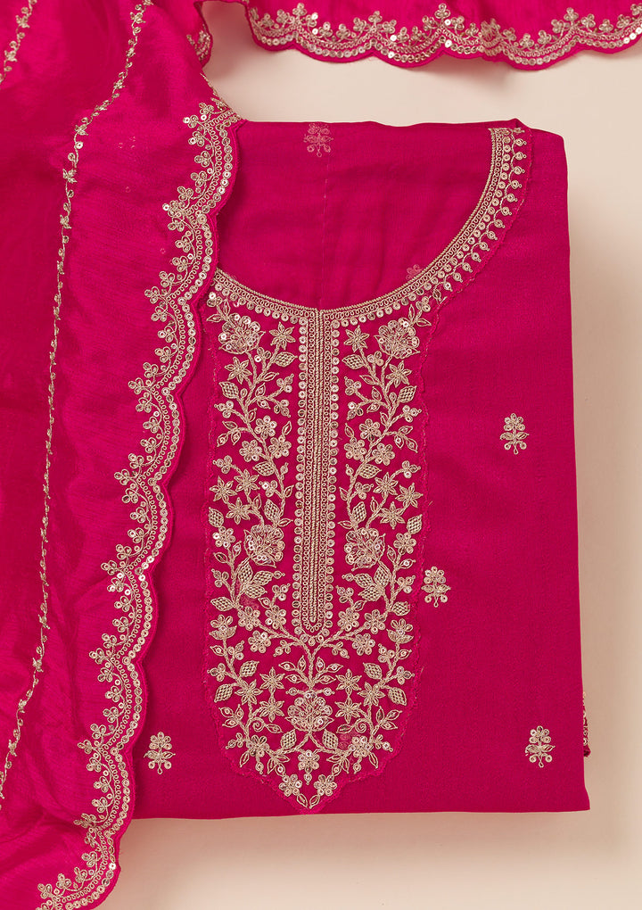 Rani Pink Cording Soft Raw Silk Unstitched Salwar Suit