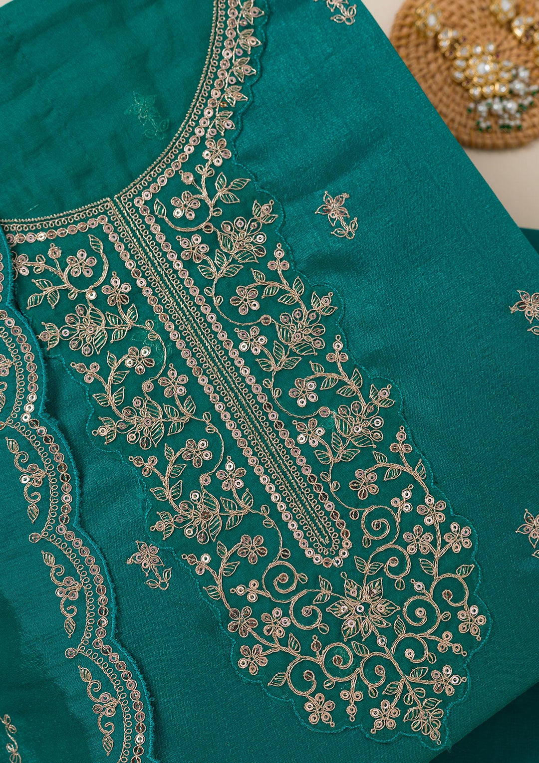 Sea Green Cording Soft Raw Silk Unstitched Salwar Suit