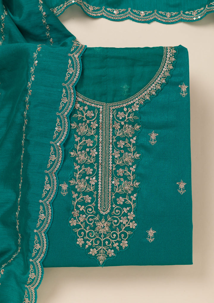 Sea Green Cording Soft Raw Silk Unstitched Salwar Suit