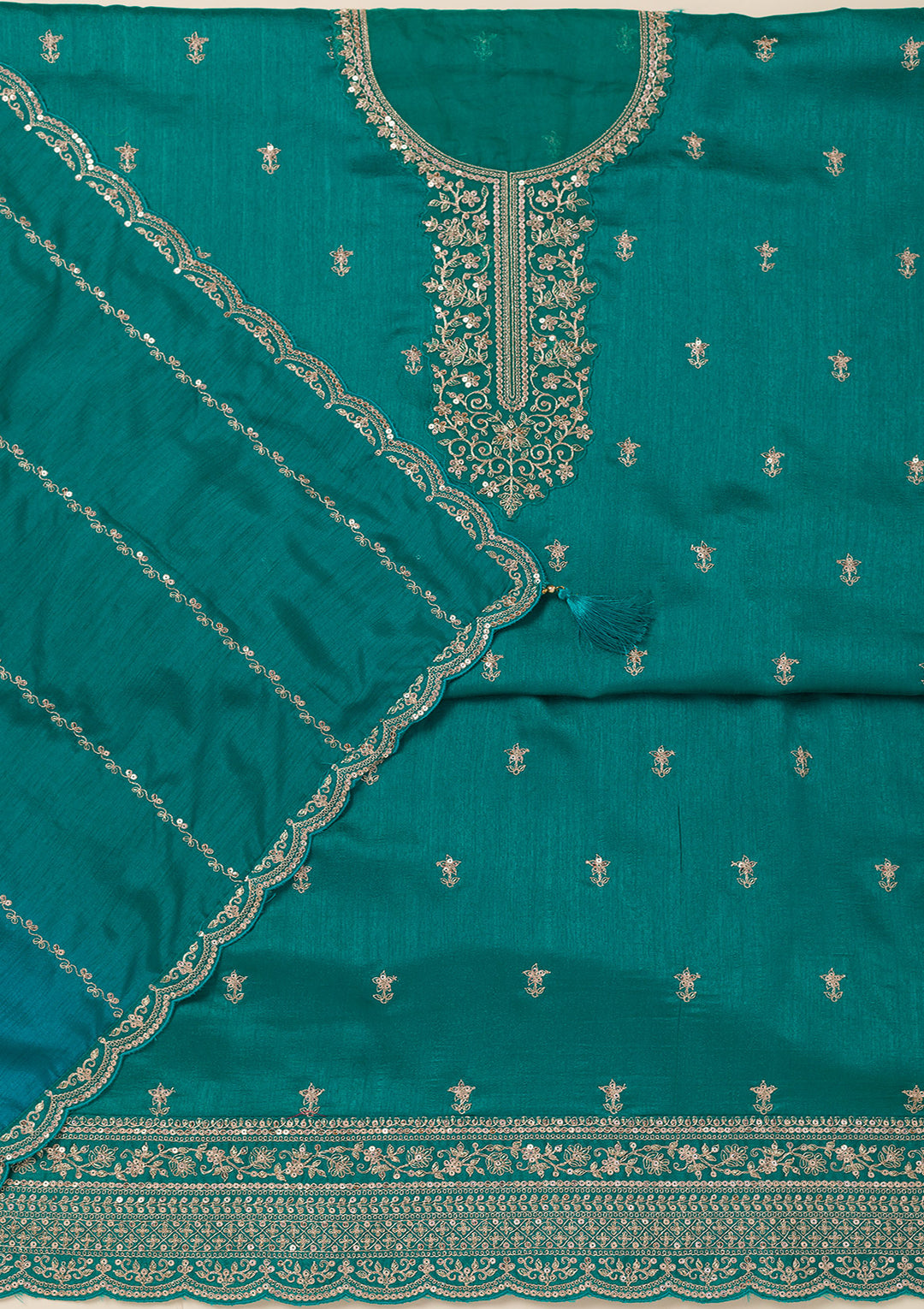 Sea Green Cording Soft Raw Silk Unstitched Salwar Suit