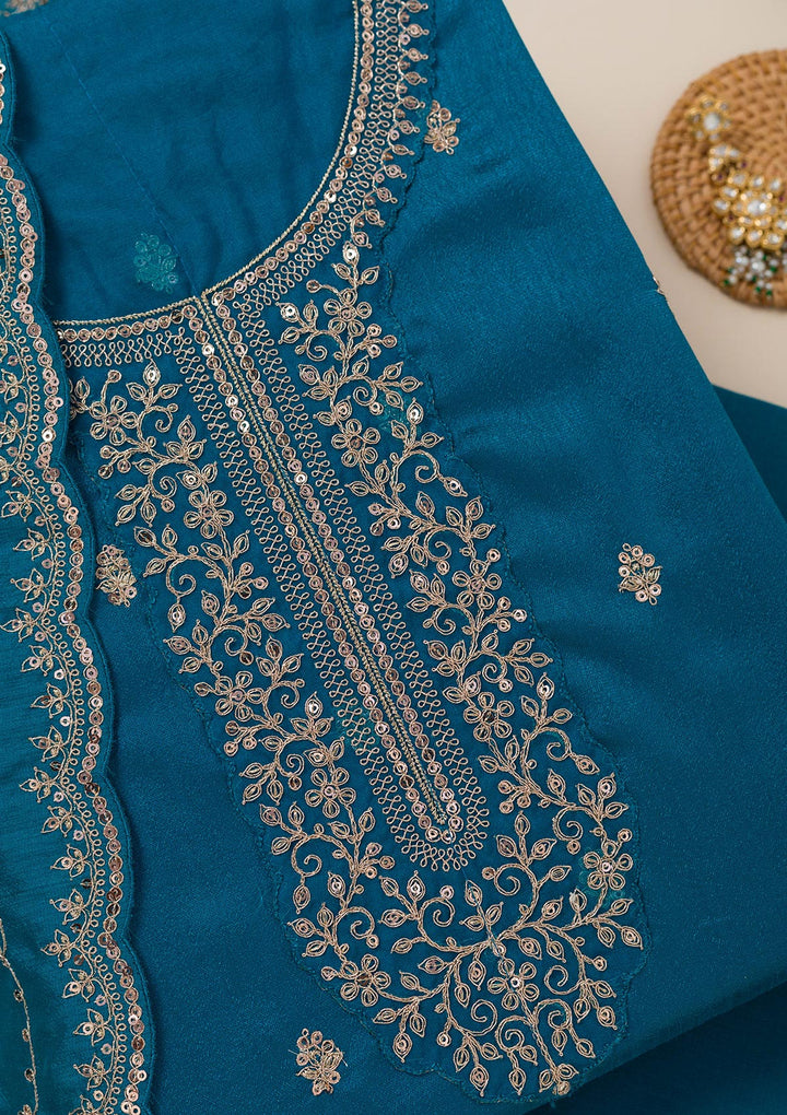 Turquoise Blue Cording Soft Raw Silk Unstitched Salwar Suit