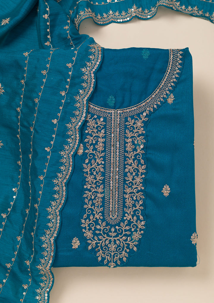 Turquoise Blue Cording Soft Raw Silk Unstitched Salwar Suit