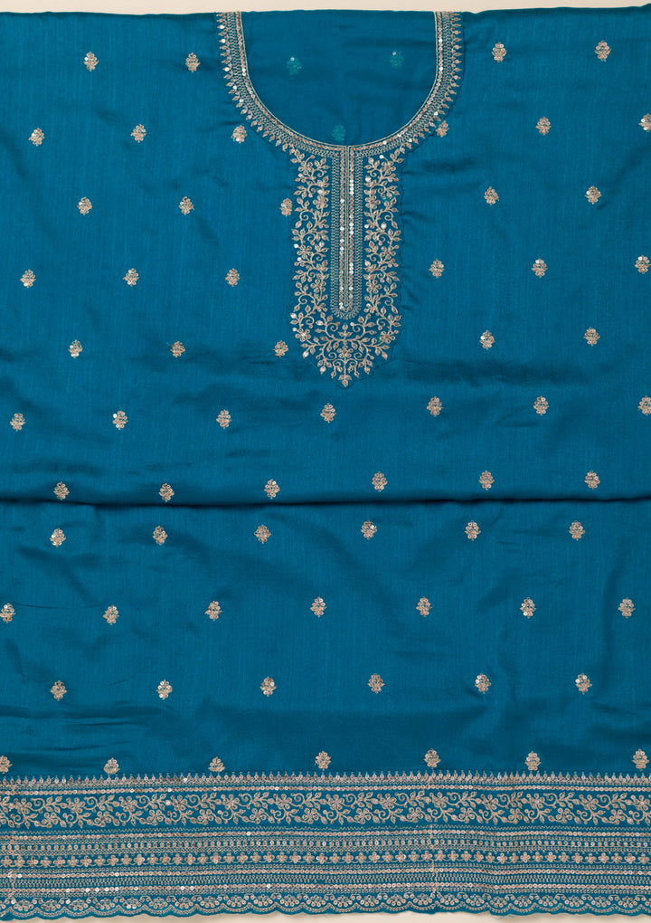 Turquoise Blue Cording Soft Raw Silk Unstitched Salwar Suit