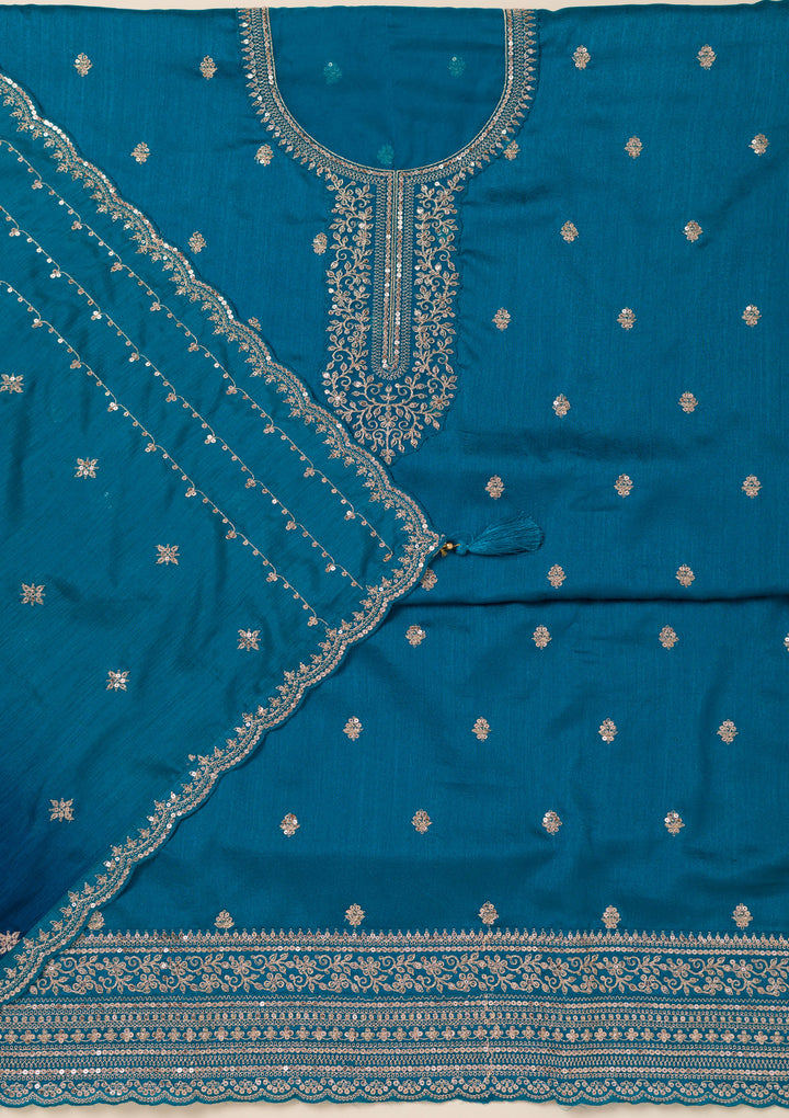 Turquoise Blue Cording Soft Raw Silk Unstitched Salwar Suit