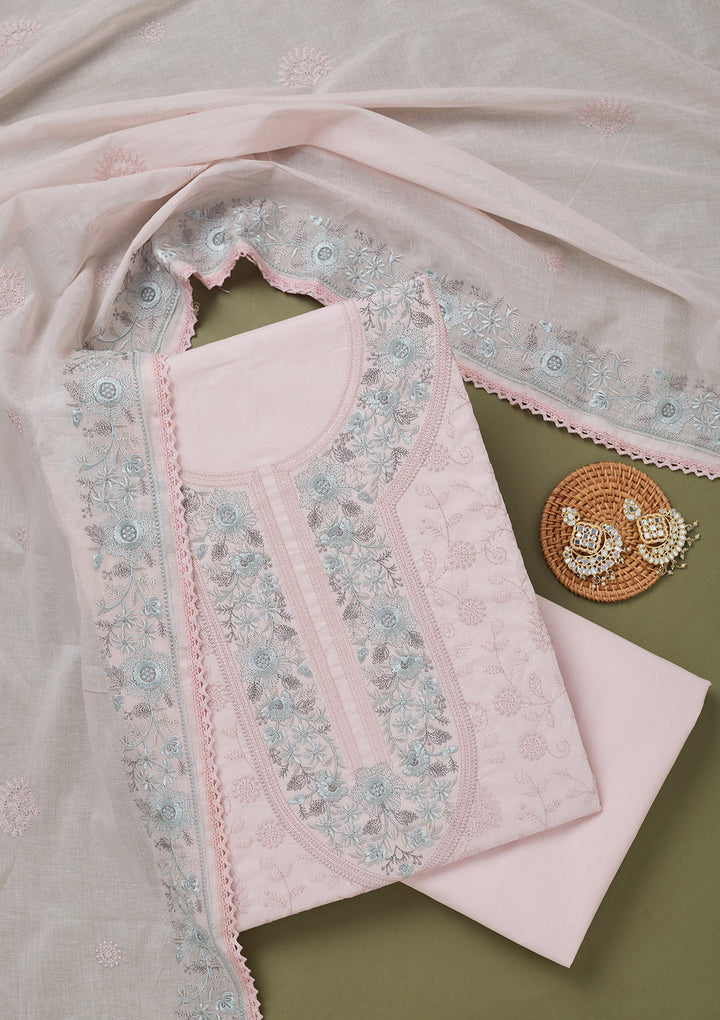Peach Threadwork Cotton Unstitched Salwar Suit