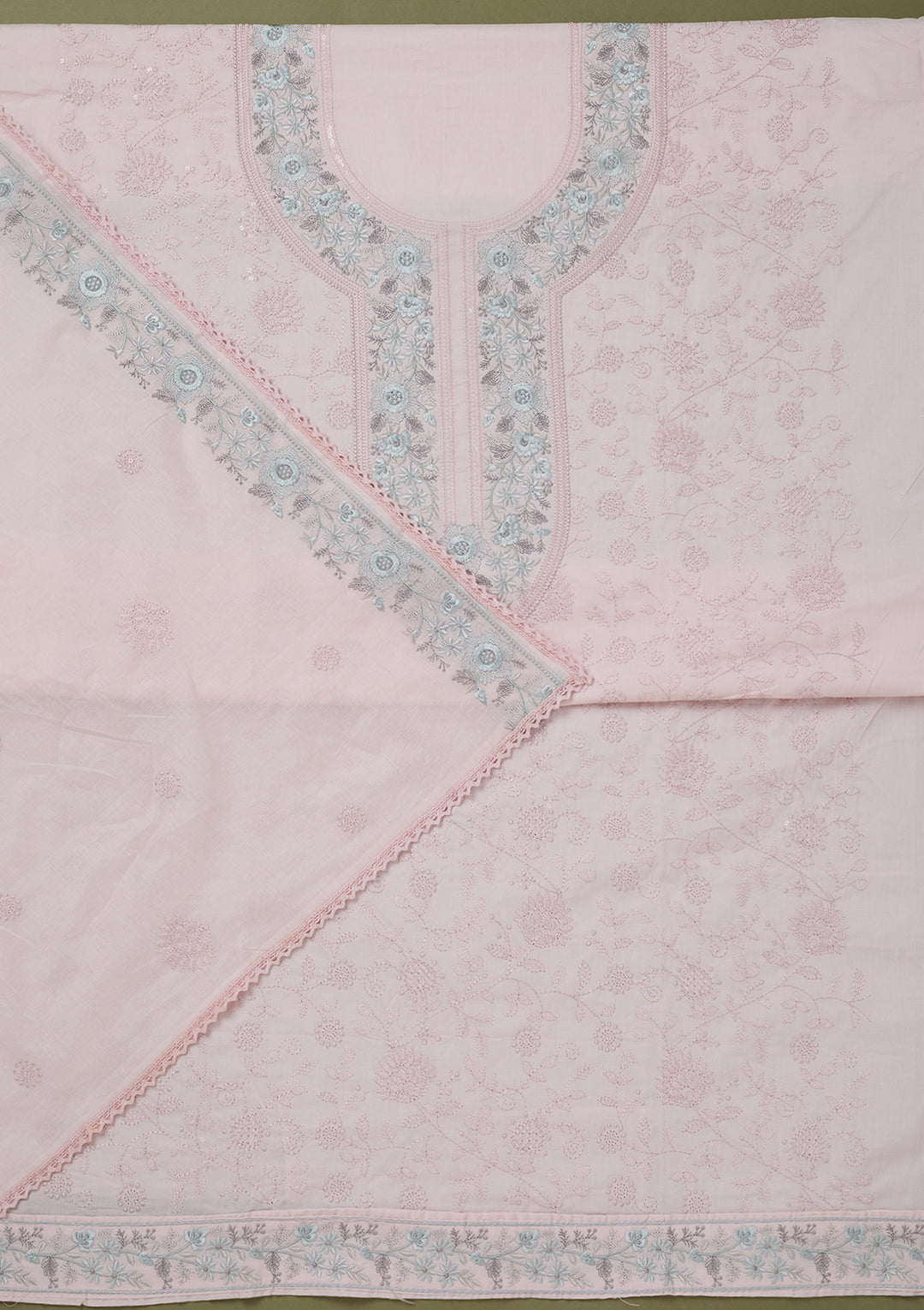 Peach Threadwork Cotton Unstitched Salwar Suit