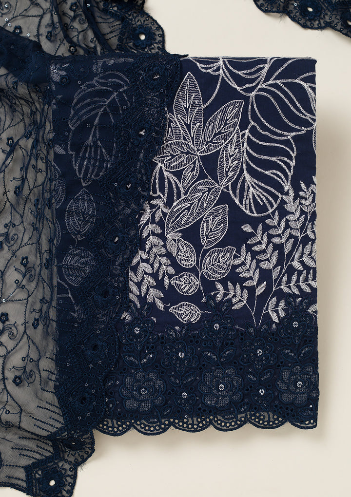 Peacock Blue Threadwork Cotton Unstitched Salwar Suit