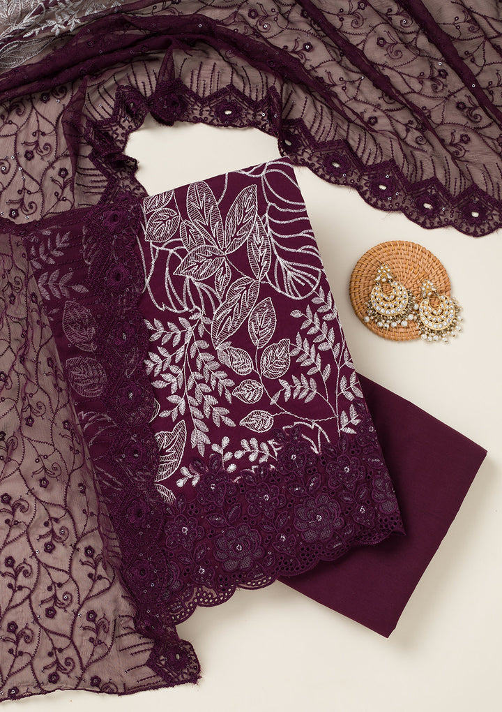 Wine Threadwork Cotton Unstitched Salwar Suit