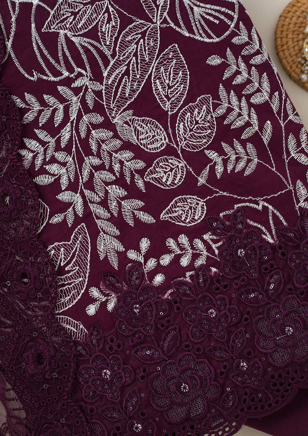 Wine Threadwork Cotton Unstitched Salwar Suit