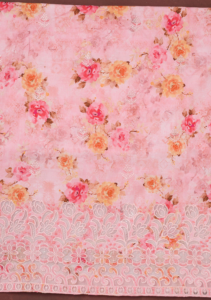 Pink Threadwork Linen Unstitched Salwar Suit
