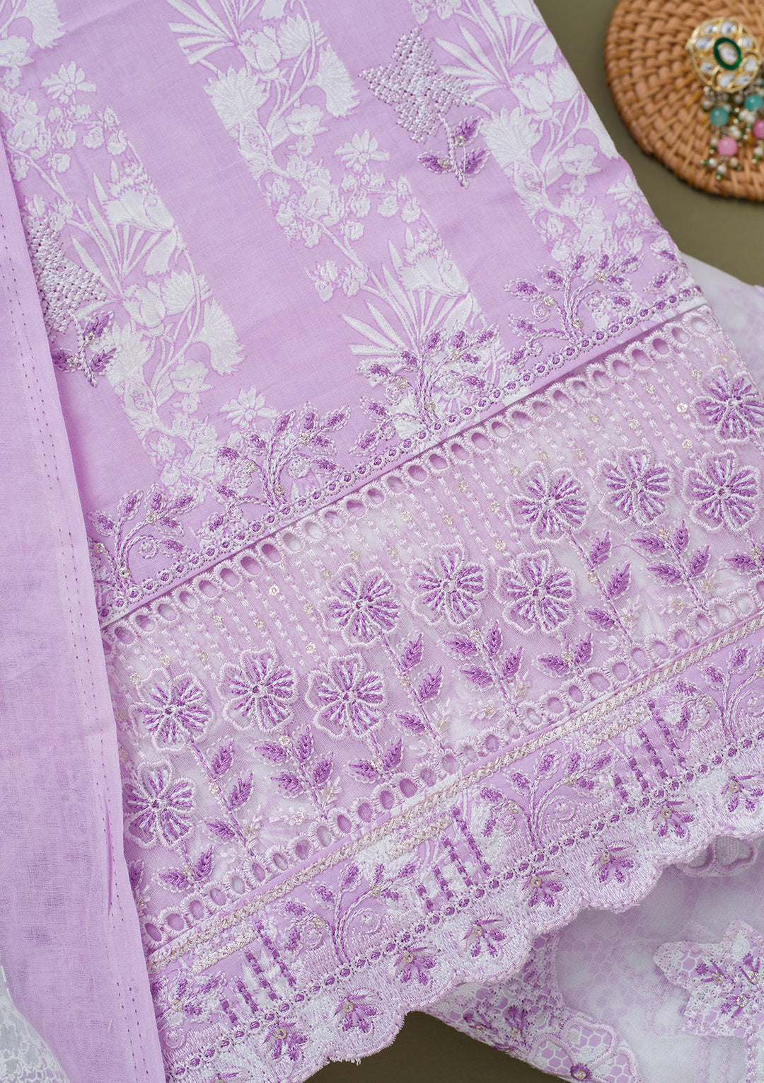 Purple Threadwork Cotton Unstitched Salwar Suit