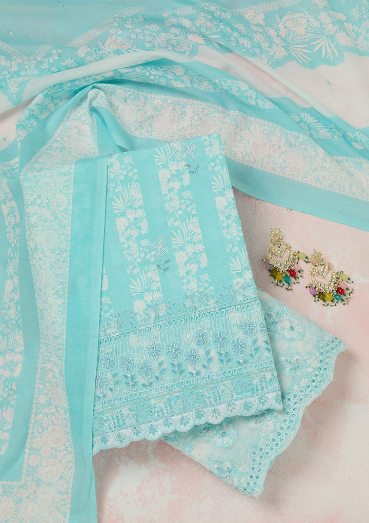 Sky Blue Threadwork Cotton Unstitched Salwar Suit