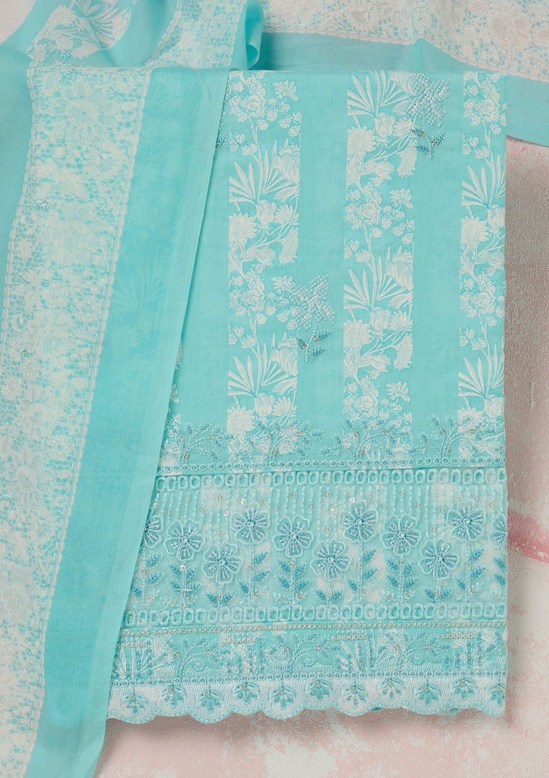 Sky Blue Threadwork Cotton Unstitched Salwar Suit