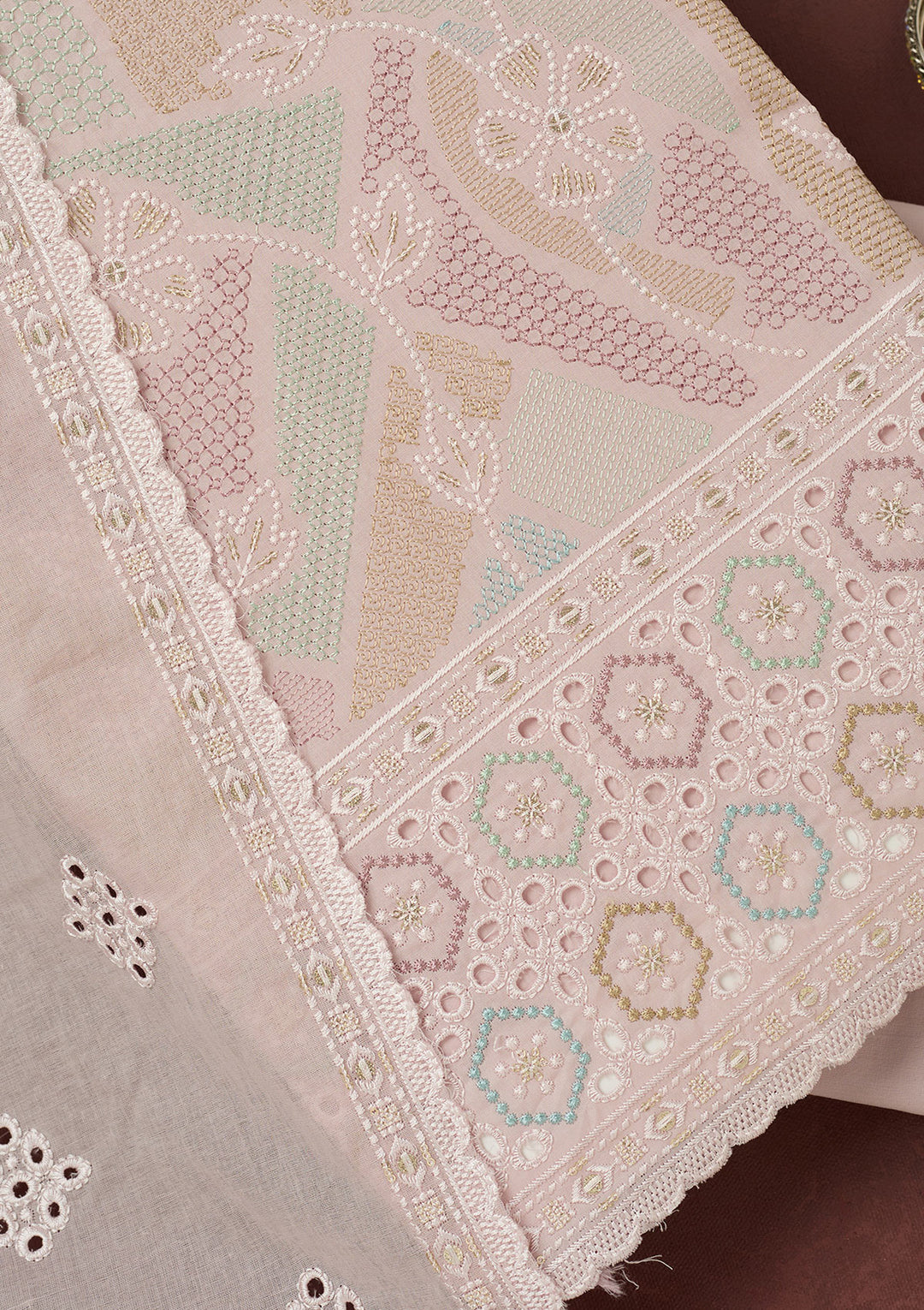 Baby Pink Thread Embroidery Cotton Unstitched Salwar Suit