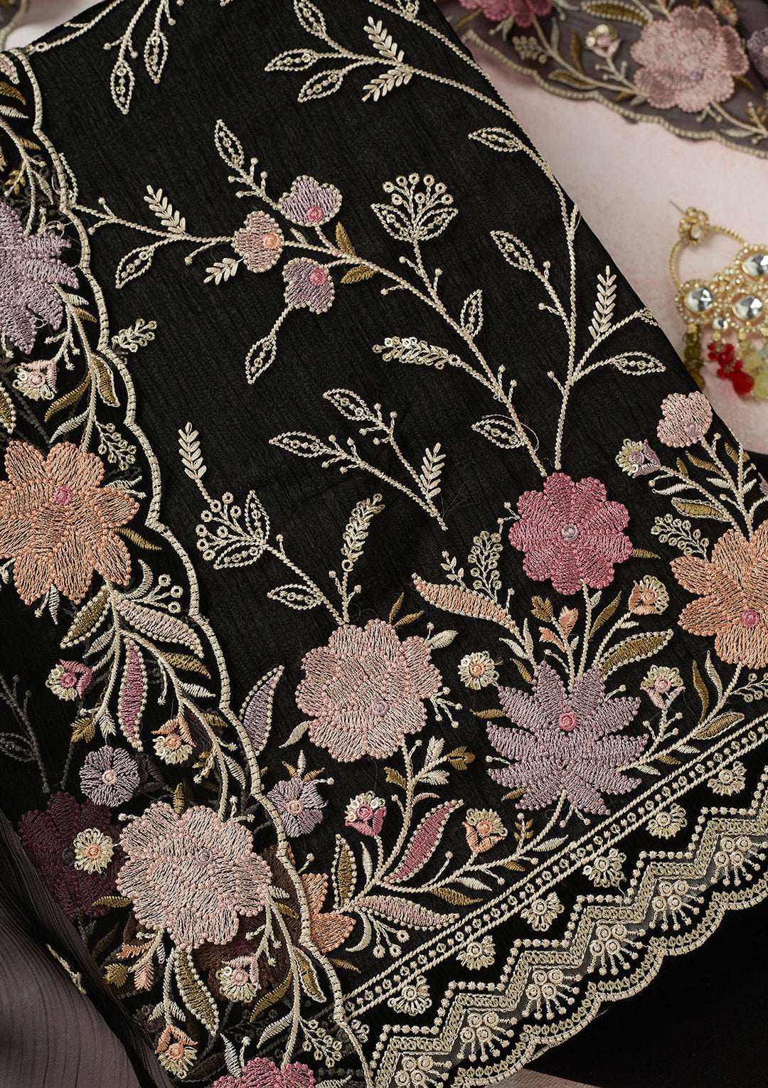 Black Threadwork Georgette Unstitched Salwar Suit