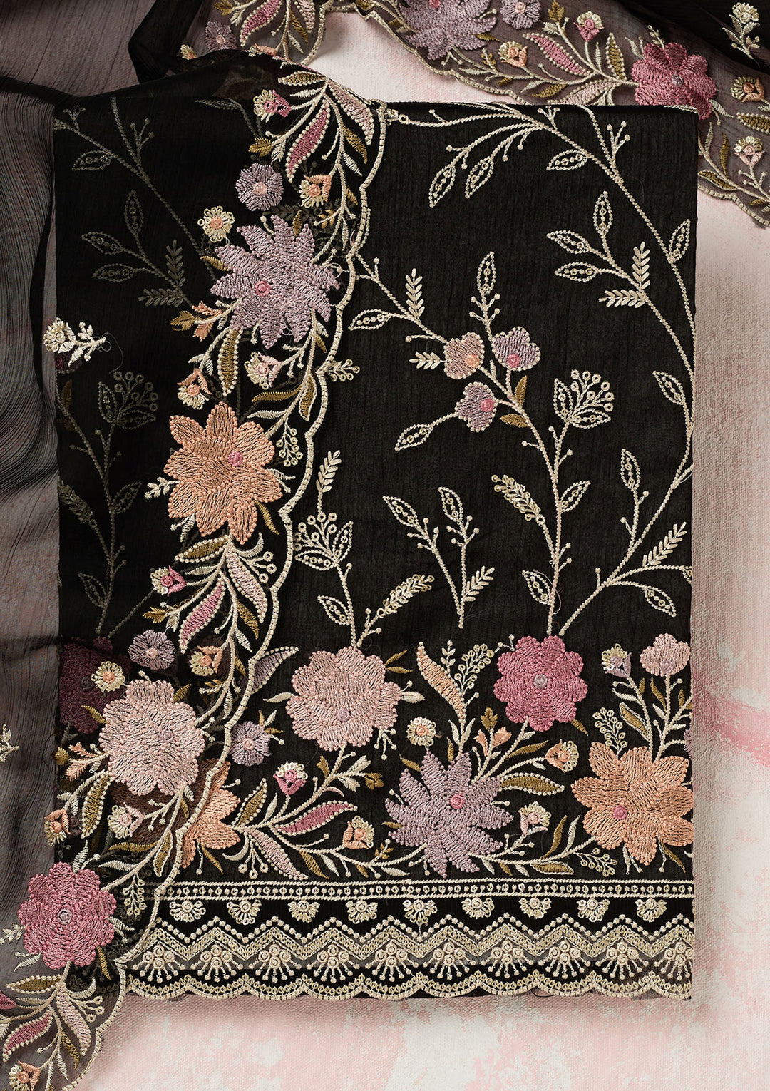 Black Threadwork Georgette Unstitched Salwar Suit