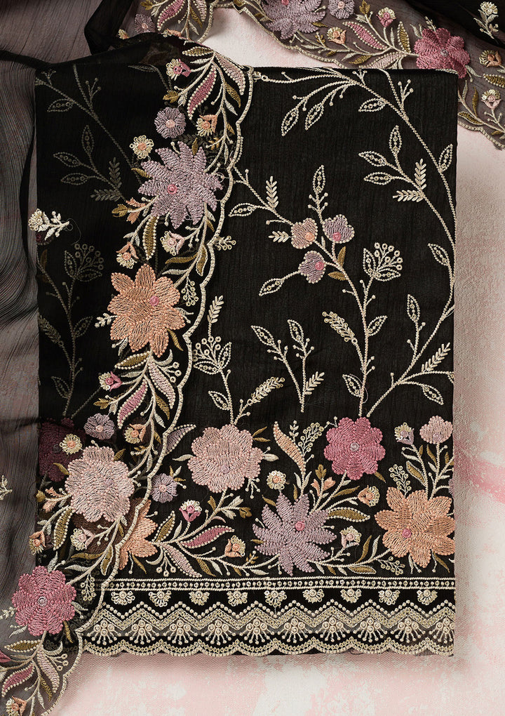 Black Threadwork Georgette Unstitched Salwar Suit