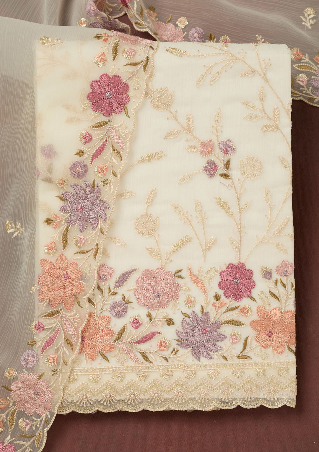Off White Threadwork Georgette Unstitched Salwar Suit
