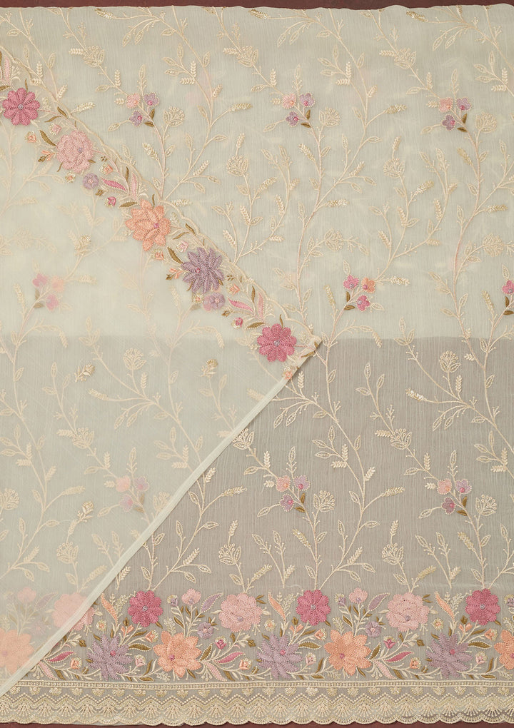 Off White Threadwork Georgette Unstitched Salwar Suit