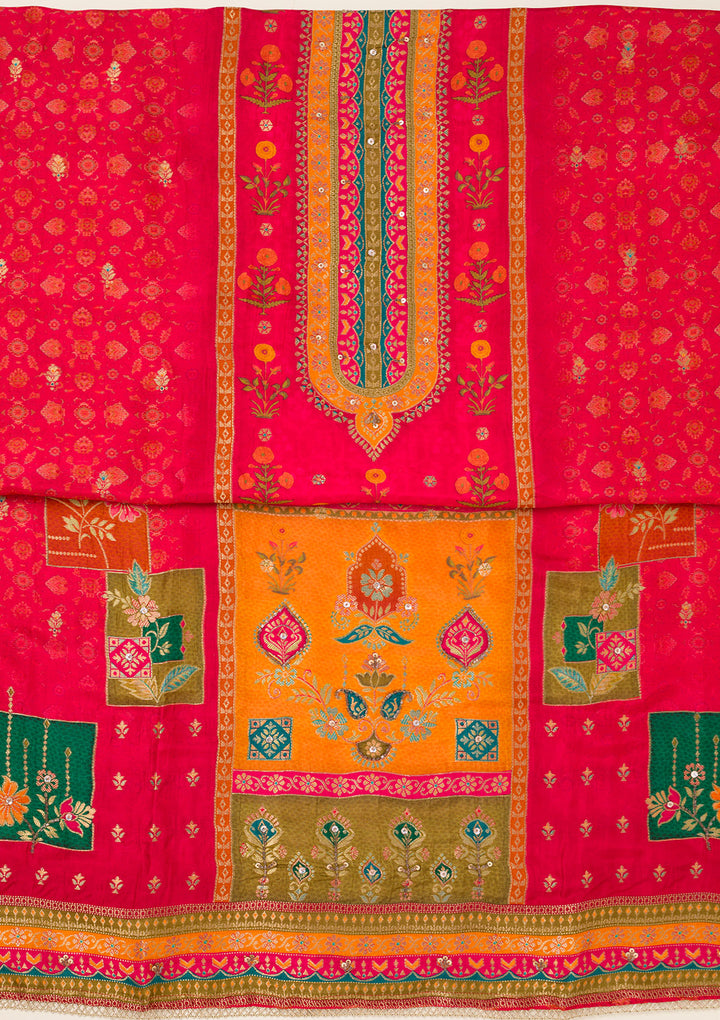 Red Zariwork Dola Silk Unstitched Salwar Suit