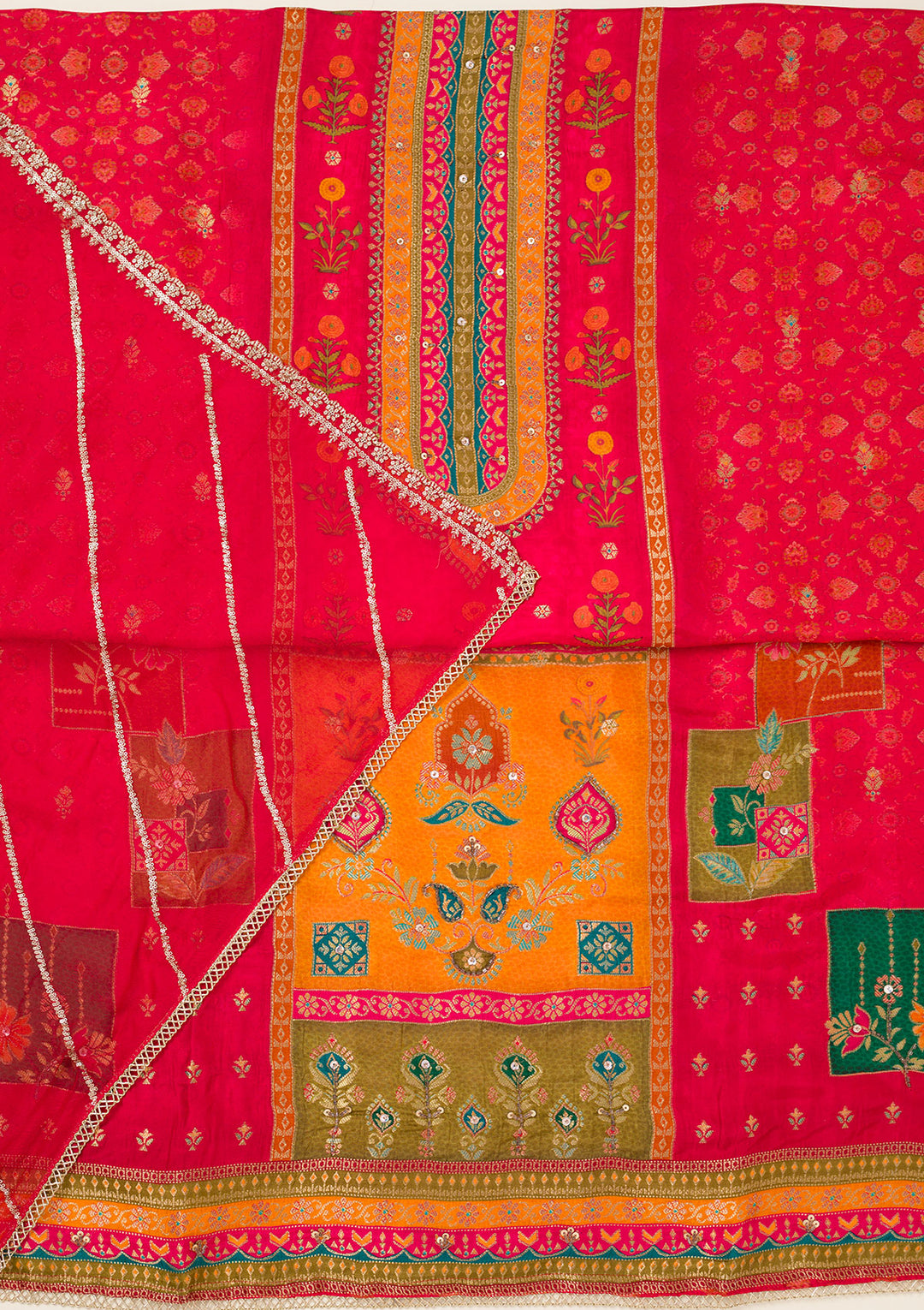 Red Zariwork Dola Silk Unstitched Salwar Suit