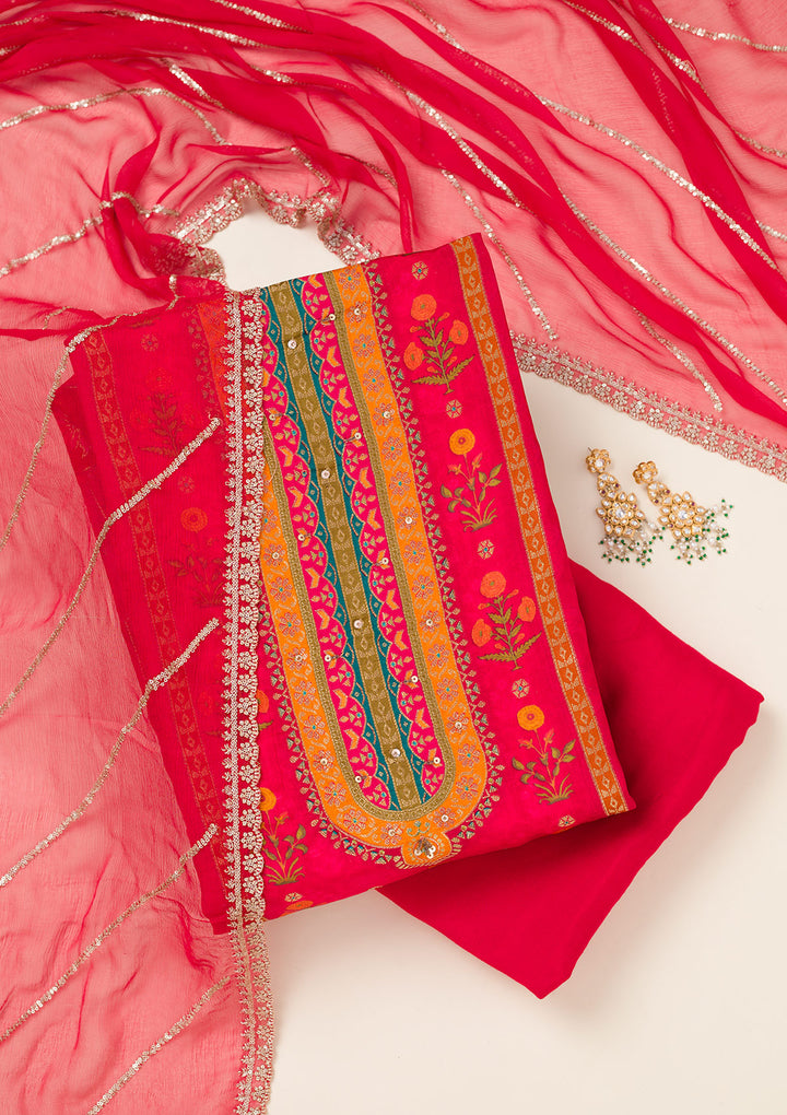 Red Zariwork Dola Silk Unstitched Salwar Suit