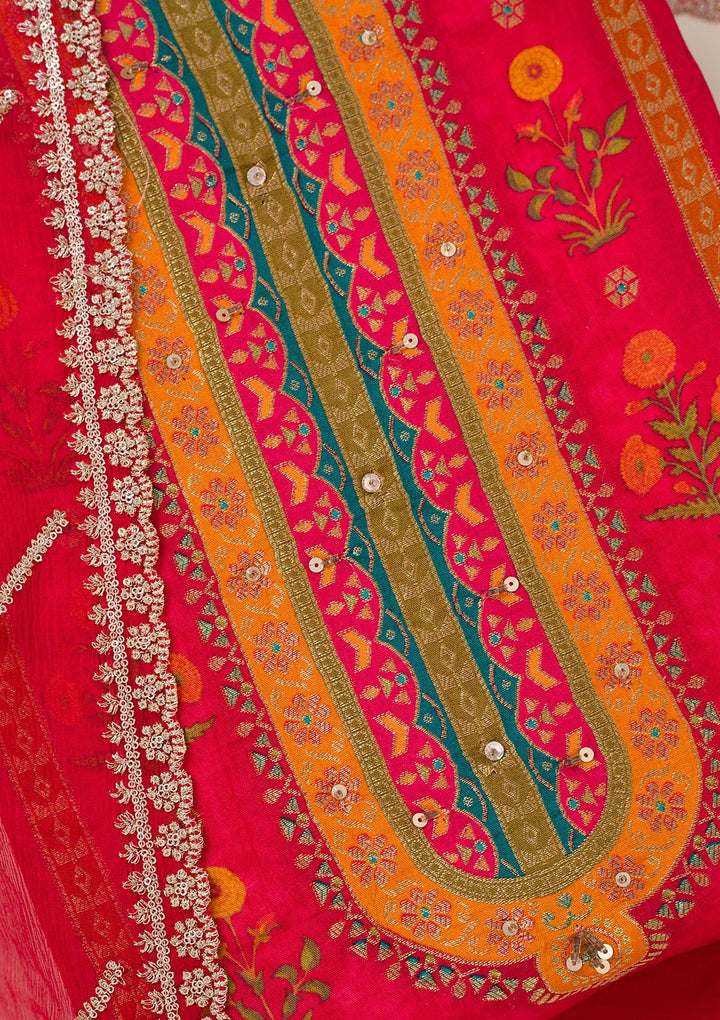 Red Zariwork Dola Silk Unstitched Salwar Suit