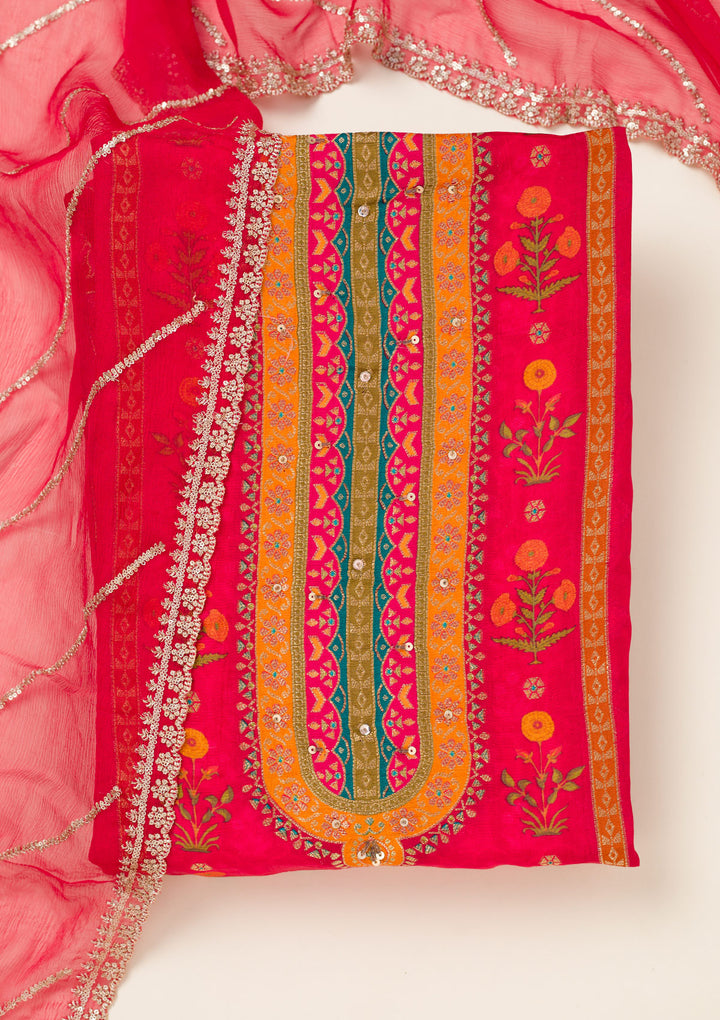 Red Zariwork Dola Silk Unstitched Salwar Suit